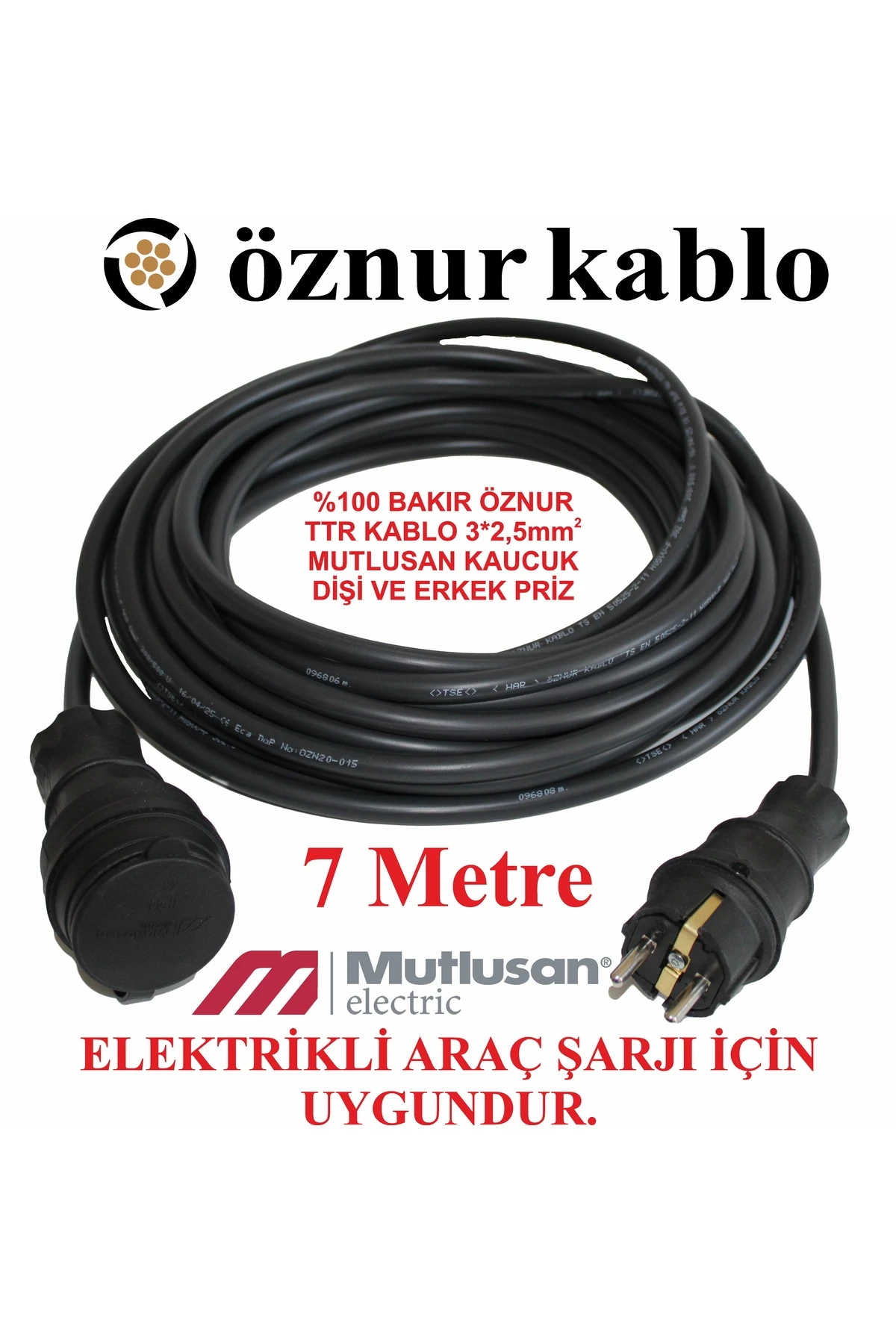 Kauçuk Fişli 7 Metre Öznur 3×2,5mm² Kalın Bakır Seyyar Kablo (Elektrikli Araç Uyumlu)